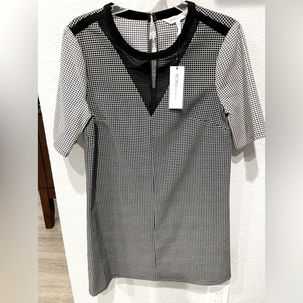 BCBG babydoll dress. Black, white and grey. Size S